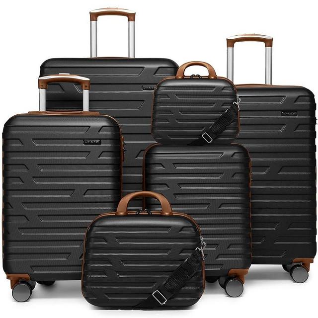 LARVENDER Luggage 6 Piece Suitcase Sets, Expandable Luggage Sets Clearance, Suitcases with Spinner Wheels, Hard Shell Luggage Carry on Luggage Set with TSA Lock Black Brown