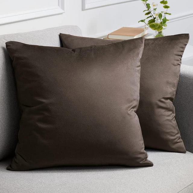 lalaLOOM Velvet Throw Pillow Cases, Set of 2, Softest Accent Case for Pillows, Decorative Square Covers for Home Decor, Silky Cover for Sofa, Couch, Bedroom, Living Room, Washable 16x16, Brown