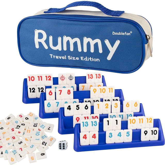 Doublefan Rummy Set,Travel Size Rummy Game with Portable Bag, Mini Rummy Cube Game for Adult and Kids,106 Tiles, 4 Playing Rack, 1 Dice (2-4 Players)