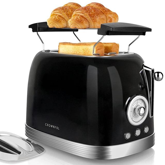 CROWNFUL 2-Slice Toaster, Extra Wide Slots, Retro Stainless Steel Toaster with Bagel, Cancel Defrost and Reheat Function, 6-Shade Settings and Removal Crumb Tray (Slots Cover and Grill Stand Included)