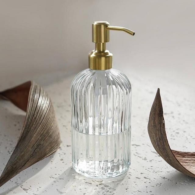 Glass Soap Dispenser with Golden Pump for Kitchen,Refillable Liquid Hand Soap Dispenser with Vertical Stripe, Clear Soap Dispenser Bathroom for Hand soap, Dish Soap, Lotion