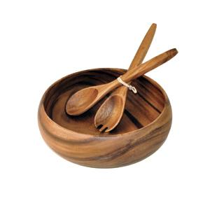 Acacia Wood Round Calabash Bowl, 12" x 4", with 12" Salad Servers