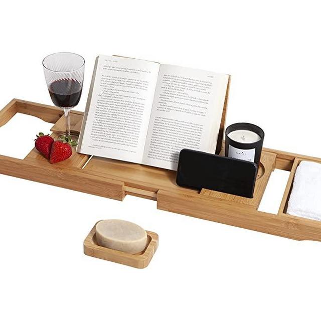 Enlux Bamboo Bathtub Caddy Tray, Expandable Bathtub Caddy Tray for Luxury Bath, Includes Cotton Towel, Soap Dish, Wine Glass Slot and Tablet Holder