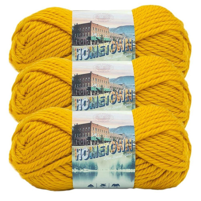 Lion Brand Yarn Hometown Yarn, Super-Bulky Yarn for Knitting, Crocheting, and Crafting, 3 Pack, Madison Mustard