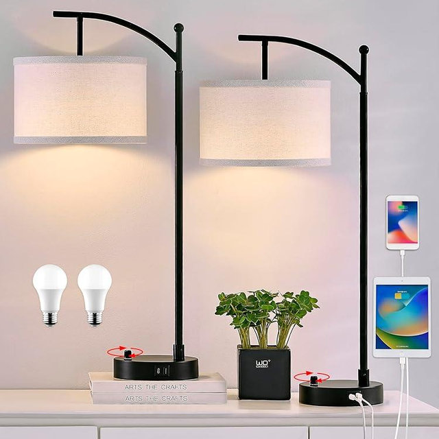 Hikczc Table Lamp for Living Room Bedroom, 23.5" Table Lamps Set of 2 with USB C+A Ports, Bedside Lamps for Nightstand with Linen Lamp Shades, 2 Dimmable LED Bulbs Included, Black