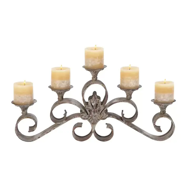 Ridge Road Décor Fleur de Lis 5-Light Iron Candle Holder in Grey