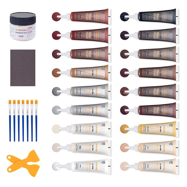 Wood Floor and Furniture Repair Kit - Wood Filler Scratch Repair for Hardwood Laminate Floor Furniture Touch Up Kit, Restore Any Wood, Oak, Cherry, Walnut, 18 Colors with Putty, Gray Brown White Black