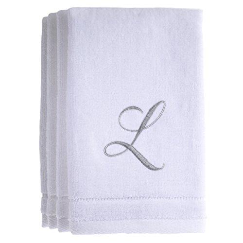Monogrammed Towels Fingertip, Personalized Gift, 11 x 18 Inches - Set of 4- Silver Embroidered Towel - Extra Absorbent 100% Cotton- Soft Velour Finish - For Bathroom/ Kitchen/ Spa- Initial L (White)
