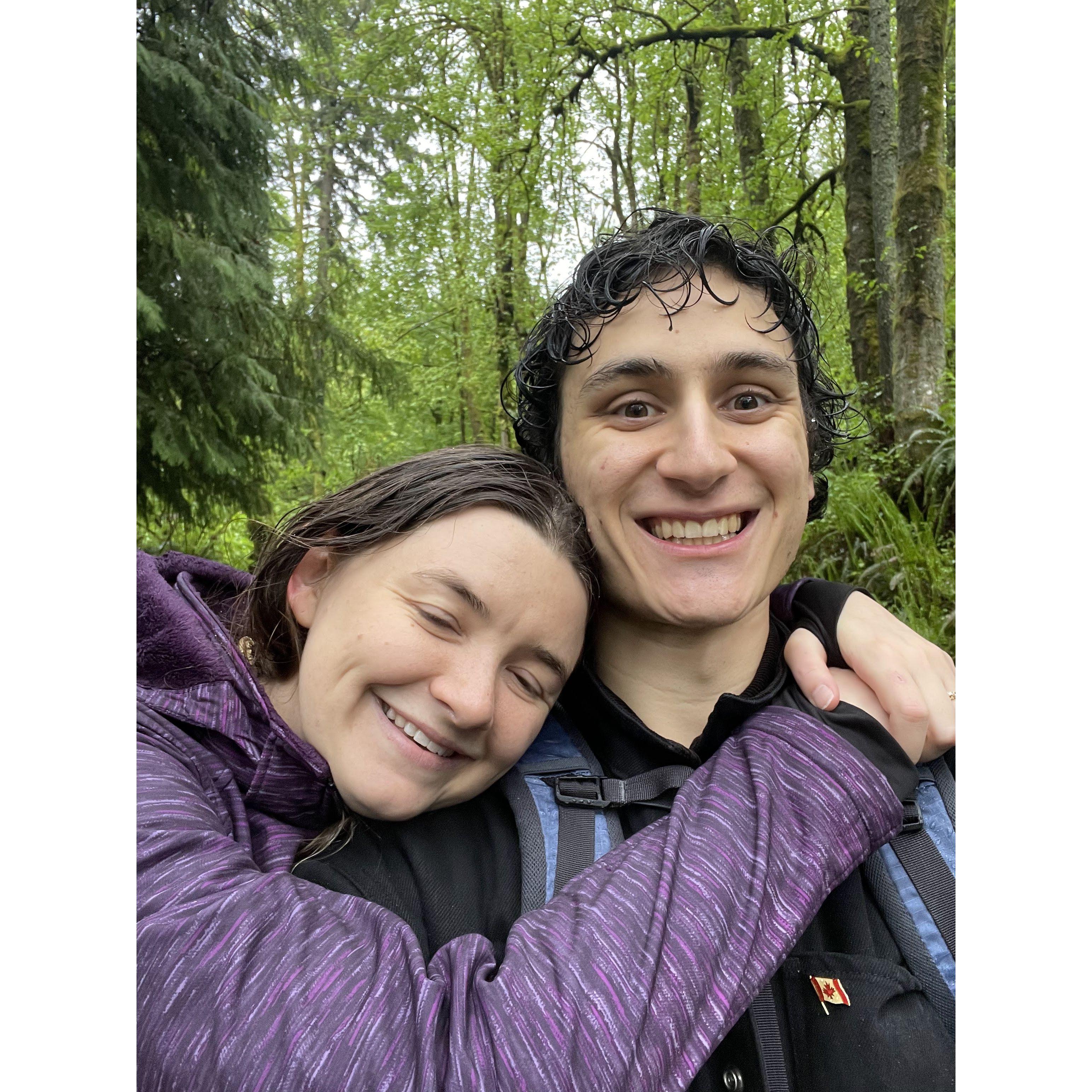 Hiking together in the rain