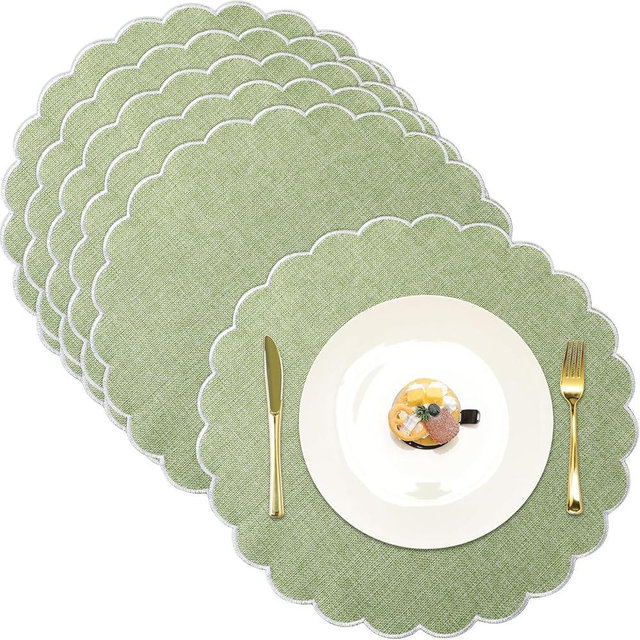 Gandeer Set of 6 Round Placemats 15 Inch Cotton Linen Scalloped Embroidery Placemats Washable Double Layered Rustic Dinner Table Mats Decor Fabric for Hotel Restaurant Kitchen(Green/White)