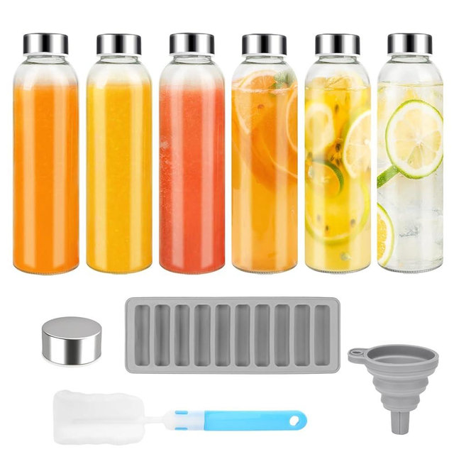 Zukro Glass Juice Bottles with Lids for Juicing 24 oz, Reusable Clear Glass Water Bottles with Stainless Steel Airtight Cap for Refrigerator, 100% Leak Proof, BPA Free, ECO Friendly, Set of 6