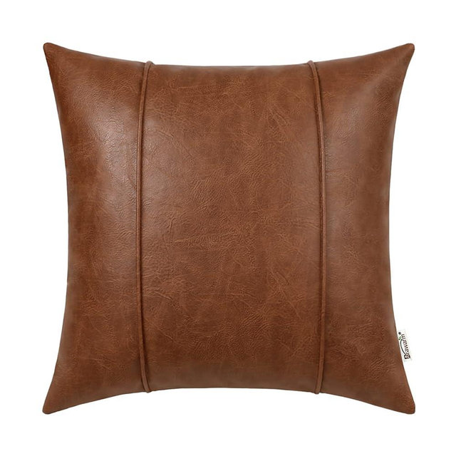 BRAWARM Brown Leather Throw Pillow Covers 16 X 16 Inches - Faux Leather Pillow Cover with Piping, Hand Stitched Faux Leather Throw Pillow for Couch Sofa Bed Living Room Home Decorative