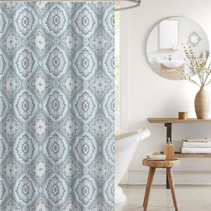 Louisa Aqua Grey White Canvas Fabric Shower Curtain: Decorative Floral Geometric Damask Design, 70" x 72" inches