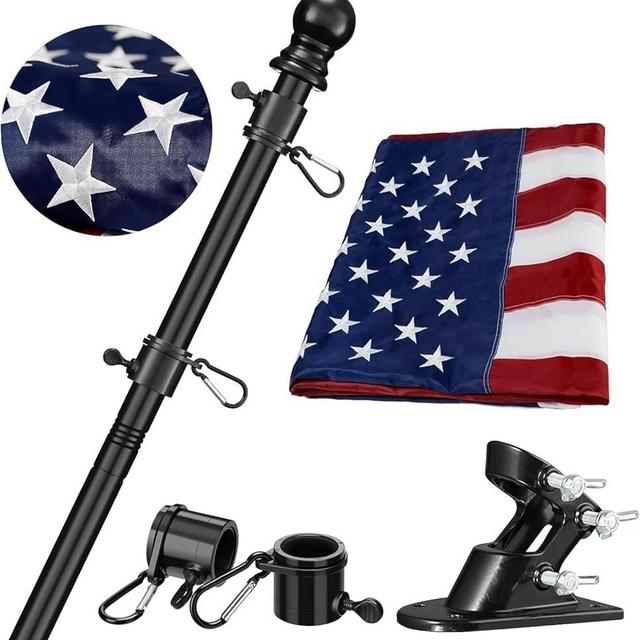 Barcetine American Flag with Pole Kit - Includes 5ft Tangle Free Metal Flag Pole,4x6 Embroidered US Flag,Mount Holder Bracket,for Outside House,Front Porch,Outdoor,Black
