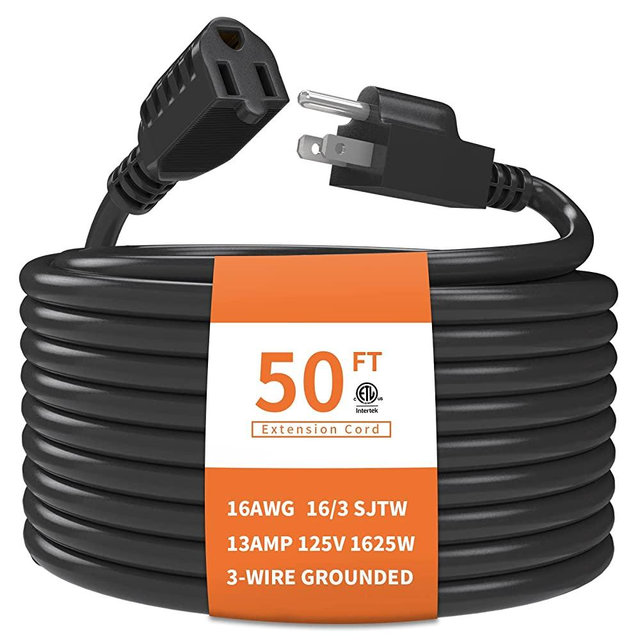 PLUGTUL Outdoor Extension Cord 50 FT Waterproof, 16/3 Gauge Black Heavy Duty 3 Prong Extension Cord, 13A 1625W SJTW, ETL Listed, Great for Garden and Home