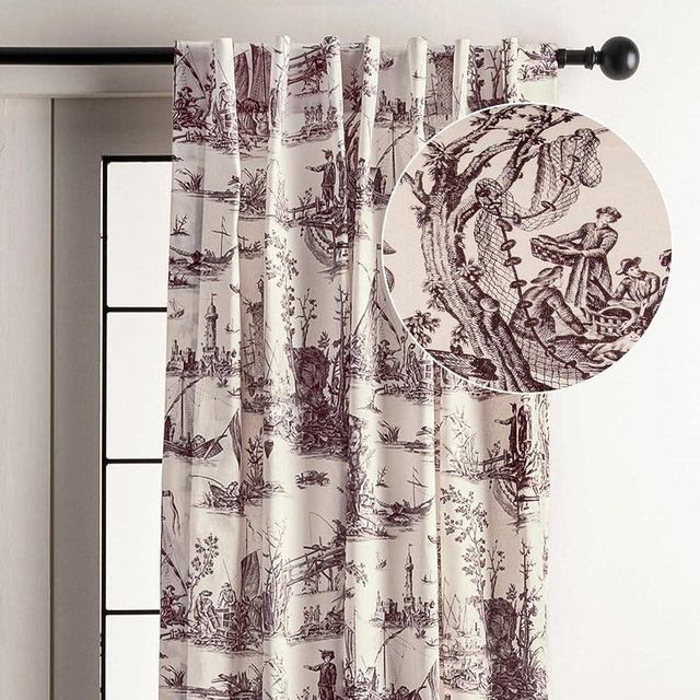 Maison d' Hermine Curtains for Living Room 100% Cotton 108 inch Length One Panel Light Filtering Toile Curtains for Bedroom Windows with Rod and Loop Pockets Drapes (Calais Charcoal, 50" W x 108" L)