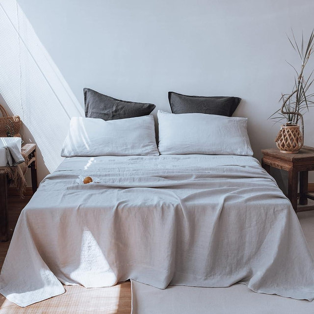 Simple&Opulence 100% Linen Sheet Set 4pcs Basic Style, Deep Pocket, Natural French Washed Flax Solid Color Soft Breathable Bed Sheets - Light Grey, King