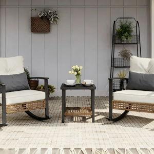 2 - Person Metal Patio Bistro Set With Lumber Pillow, Outdoor Rocking Wicker Conversation Set