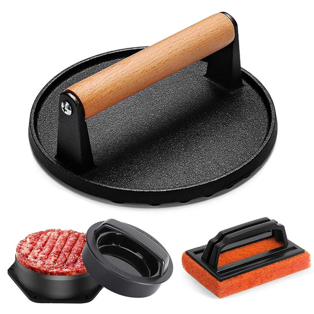 Grilliance Smash Burger Press kit, Heavy-Duty Cast Iron Round Grill Bacon Press with Wood Handle, 3 in 1 Hamburger Press Patty Maker Tools, Cleaning Pad Set for Blackstone Griddle Flat Top Cooking