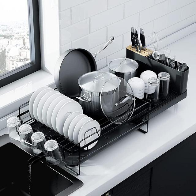 Kitsure Large Dish Drying Rack - Extendable Dish Rack, Multifunctional Dish Rack for Kitchen Counter, Anti-Rust Drying Dish Rack with Cutlery & Cup Holders for Various Kitchenware