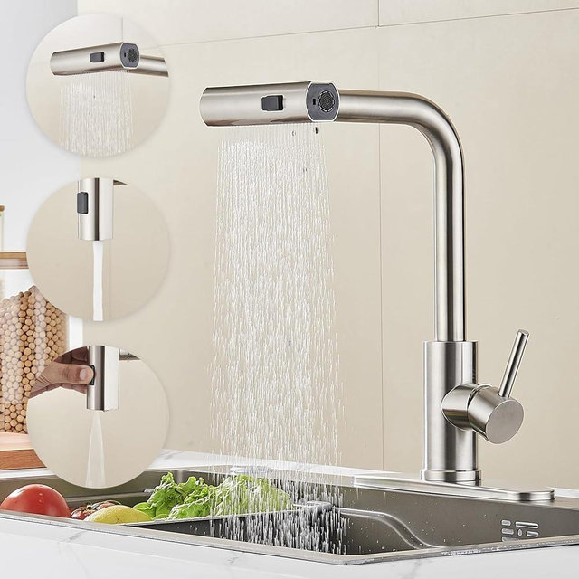 AVSIILE Kitchen Faucet with Pull Down Sprayer, Brushed Nickel Waterfall Touch Single Hole Handle Stainless Steel Kitchen Sink Faucets, Commercial Modern Faucets for Pull-Down Sprayer Kitchen Sinks