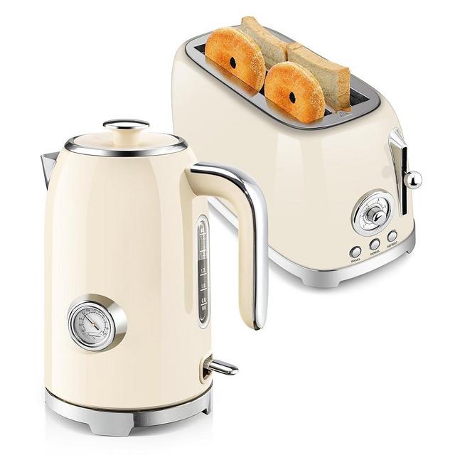 SUSTEAS 57oz Electric Kettle & Toaster 4 Slice Wide Slot, Stainless Steel Bread Bagel Toasters, 1500W, Cordless LED Indicator, Auto Shut-Off, Beige
