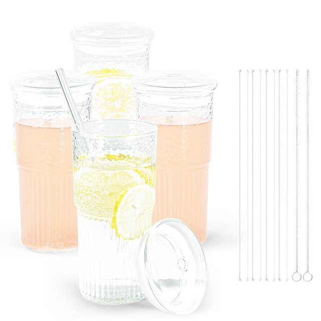 Icesip 4 Pcs 20 oz Glasses Cups Set with Glass Lids Straws Vintage Ribbed Drinking Glassware Set for Juice Iced Coffee Beer Cocktail Whiskey(Clear*4)