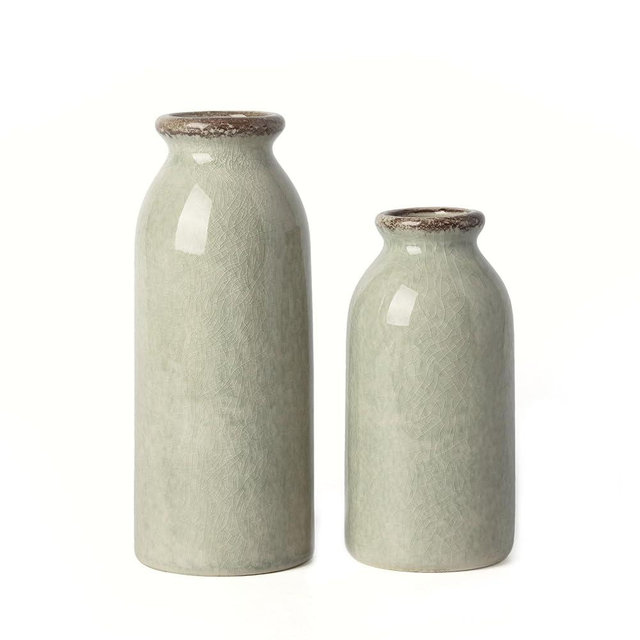 VICTOR & TERESA Small Vase Set for Home Decor, Rustic Green Ceramic Vases for Flowers, Farmhouse Vases for Pampas Grass, Table, Mantel, Living Room, Shelf, Centerpieces, Set of 2, Gifts for Mom