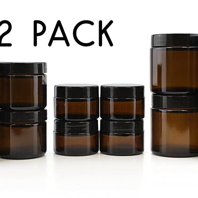 Combo Pack of 1, 2 & 4-Ounce Amber Glass Straight Sided Jars (4 Each / 12 Total); Great Containers for Cosmetics, Lotions, Body Scrubs & Balms