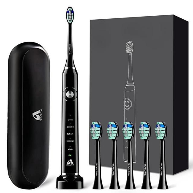Electric Toothbrush for Adults Teens, Sonic Toothbrushes Set with 6 Brush Heads and a Travel Case, 12 Hours Charge for 60 Days, Built in 2 Minutes Smart Timer and 5 Brushing Modes by JTF, Black