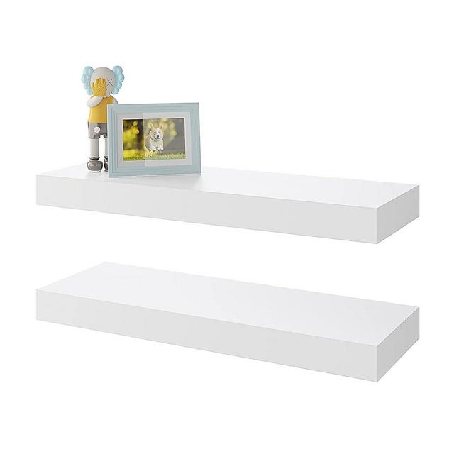 BAMEOS Floating Shelves, White Wall Mounted Wooden Shelves with Invisible Brackets Set of 2, Hanging Wall Shelves Decoration for Bedroom, Bathroom, Living Room and Kitchen