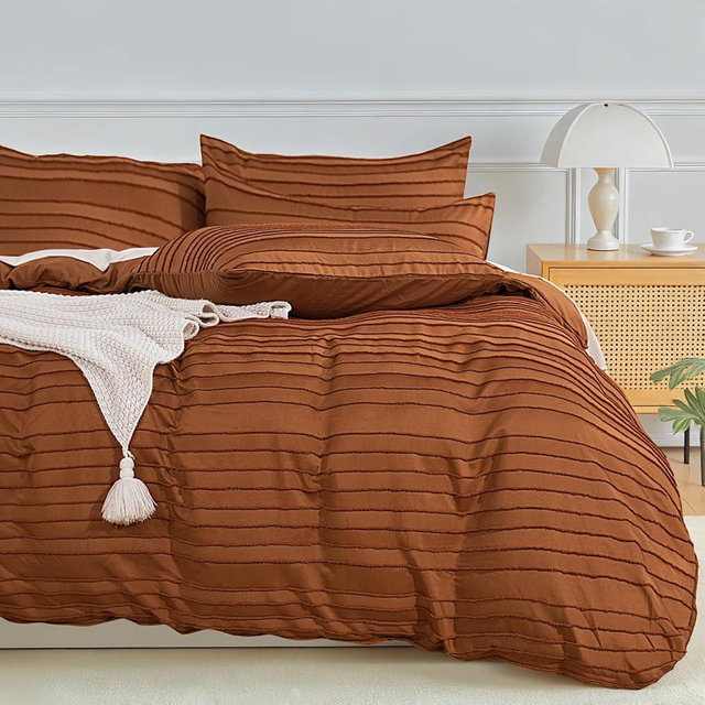 NEXHOME PRO Duvet Cover Queen,Brunt Orange 3 Pieces Boho Tufted Duvet Cover Set, Soft and Lightweight 100% Washed Microfiber Comforter Cover Set for All Season(Brunt Orange, 90 x 90)-No Comforter