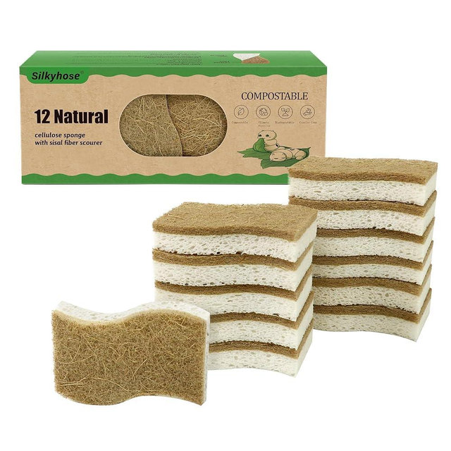 Silkyhose Biodegradable Natural Kitchen Sponge, Compostable Cellulose and Coconut Scrubber Eco-Friendly Dishwashing Sponge, 12 Pack Household Cleaning Foam for Dishes