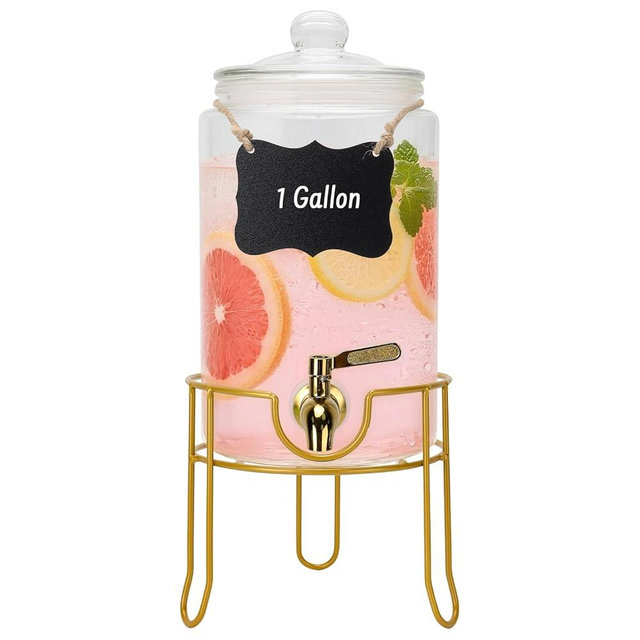 Glass Drink Dispensers For Parties, 1 Gallon Beverage Dispenser With Glass Airtight Lids, Gold Metal Stand And Stainless Steel Spigot. Lemonade & Juice Dispenser With Chalk board-One Pack