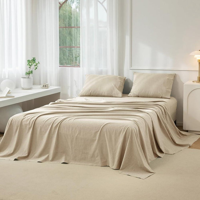 JIYUAN 100% Washed Cotton Sheet Set 4 Pieces King,1 Fitted Sheet,1 Flat Sheet and 2 Pillowcases,Comfy and Breathable Linen Like Bedding Set,Heathered Tan