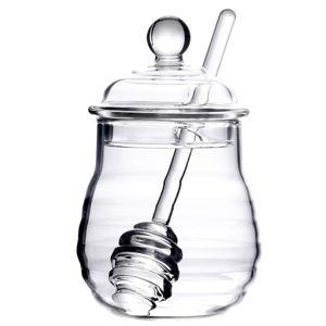Lawei Glass Honey Jar with Dipper and Lid, 10 OZ Heat-Resistant Bee Hives Honey Pot, Clear Glass Honey Container for Store Honey and Syrup, Home and Kitchen, Easy to Clean, Dishwasher Safe
