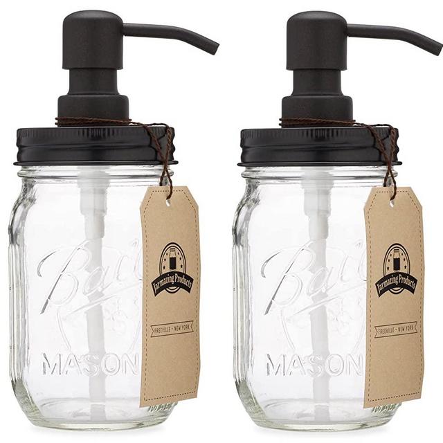 Jarmazing Products Mason Jar Soap Dispenser - Black - with 16 Ounce Ball Mason Jar - Made from Rust Proof Stainless Steel - Two Pack