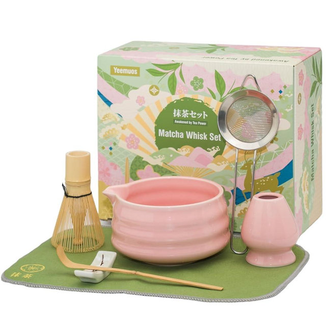 YEEMUOS Matcha whisk Set,7 Pcs Matcha Making Kit with whisk Whisk, Ceramic Bowl, Sifter, Scoop, Holder, Stand, and Tea Towel for Ultimate Matcha Experience(Pink)
