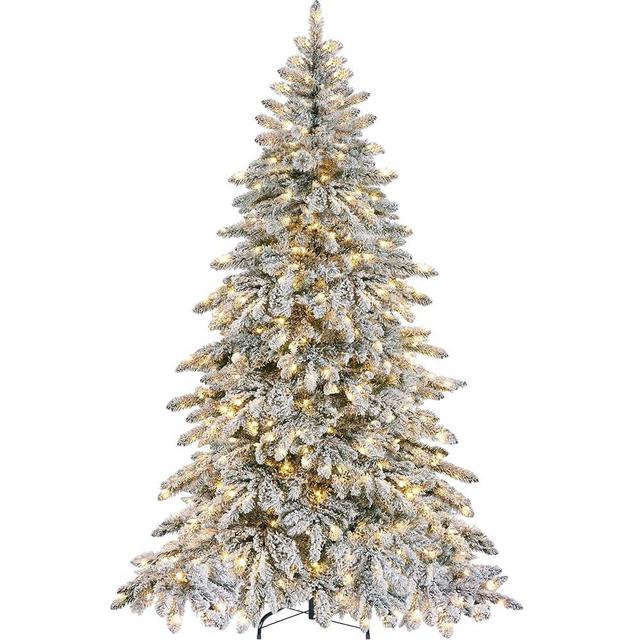 Yaheetech 7.5ft Pre-Lit Artificial Christmas Tree with 550 Warm White LED Lights & 1278 PVC Tips,Hinged Snow Flocked Xmas Tree with Foldable Stand & Protective Foot Caps,Green & White
