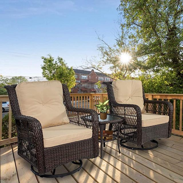 I-Choice Outdoor New Wicker Patio Bistro Set with 360-Degree Swivel Rocking Chairs Set of 2 and Matching Side Tabled and Comes with Super Soft Cushions