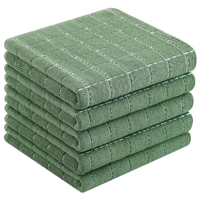 Homaxy 100% Cotton Terry Kitchen Towels(Grass Green, 13 x 28 inches), Checkered Designed, Soft and Super Absorbent Dish Towels, 5 Pack