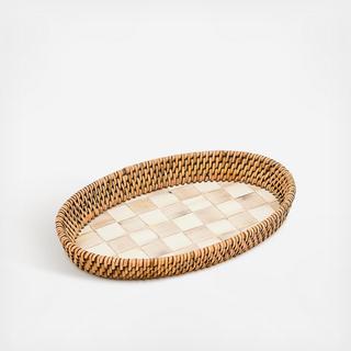 Mocha Check Enamel & Rattan Tray