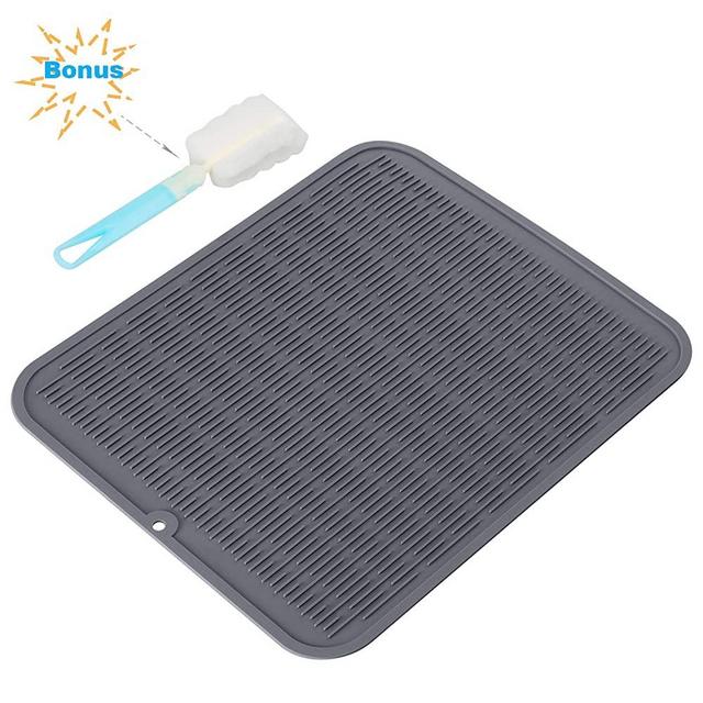 Silicon Dish Drying Mats with Grips Botter Brush, 18'' X 16'' Non Slip Dish Mats, Heat Resistant Countertop Protection Trivet, Dishwasher Safe - BPA Free
