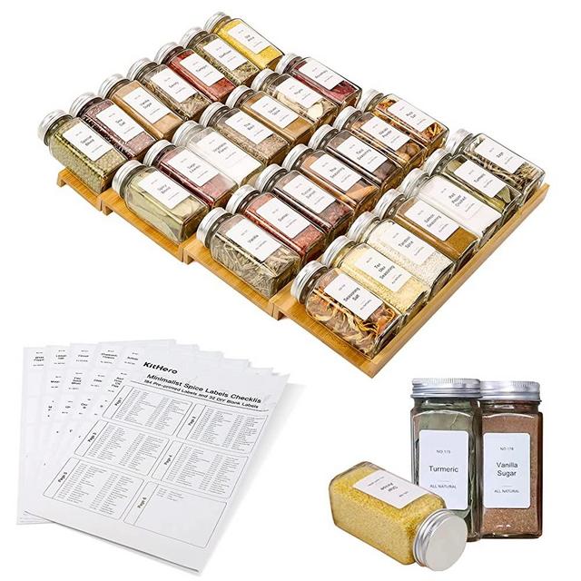 KitHero Spice Drawer Organizer - Bamboo Seasoning Rack with 24 Glass Jars and 216 Labels, Non-slip Rubber, for Kitchen Drawers,Cabinets,Countertop,13" Wide * 15.8" Deep