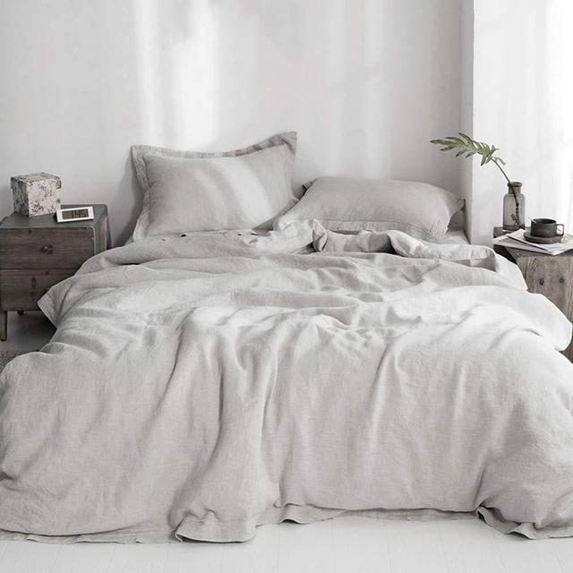 Simple&Opulence 100% Washed Linen Duvet Cover with Embroidered,King Size(104"x92"),3 Pieces Natural Farmhouse Comforter Set with Button Closure,1 Duvet Cover and 2 Pillowshams(Light Grey)