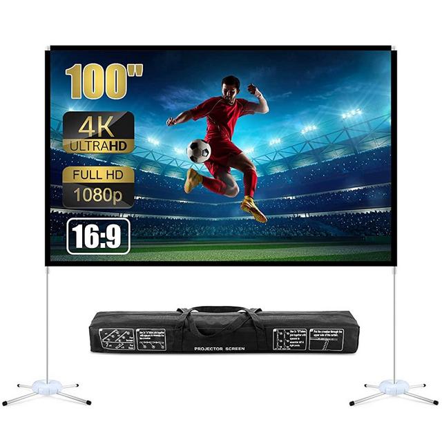 100 Inch Projector Screen with Stand 4K HD 16:9 Polyester Fabric Screen Front & Rear Projection Outdoor/Indoor Portable Carry Bag Home Theater, Presentation, Movie