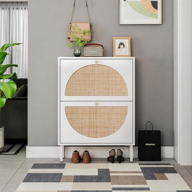 Shoe Storage Cabinet with 2 Natural Rattan Doors, Freestanding Shoe Rack Organizer with 2 Flip Drawers for Entryway, Narrow Shoe Rack with Metal Legs for Heels, Boots, Slippers, White