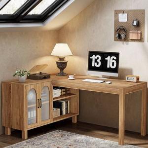 Tribesigns L-Shaped Desk with File Cabinet, 59-Inch Executive Office Desk with Storage Shelves, Wooden Study Writing Desk Farmhouse Corner Computer Desk for Home Office, Rustic Brown