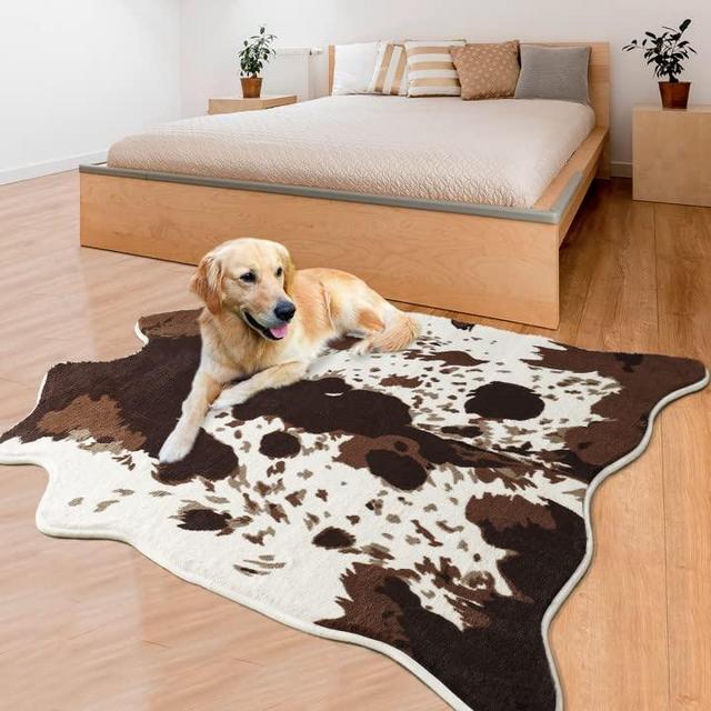 Acapet Cow Print Area Rugs Cowhide Rugs 4.6ft x5.2ft for Living Room Bedroom Western Decor, Cute Fluffy Cowhide Carpet Faux Fur Rug, Soft Fuzzy Rug for Home, Brown and White,(140*158cm)