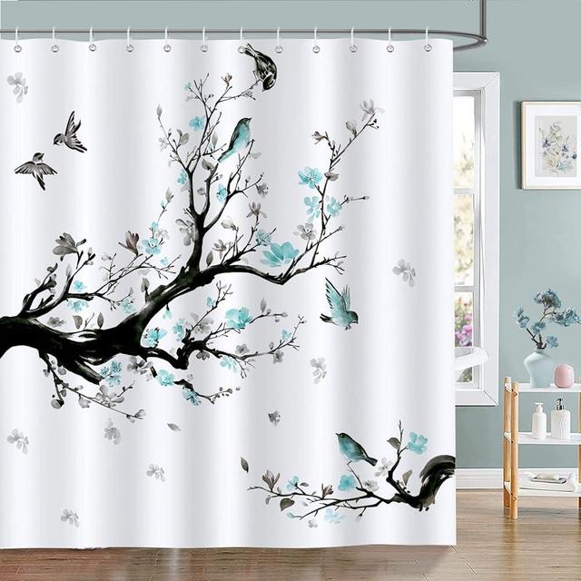 Bonhause Watercolor Blue Flower Shower Curtain for Bathroom Blossom Bird Tree Branch Decorative Bath Curtain 72 x 72 Inch Polyester Fabric Waterproof Bathroom Curtain with 12 Hooks